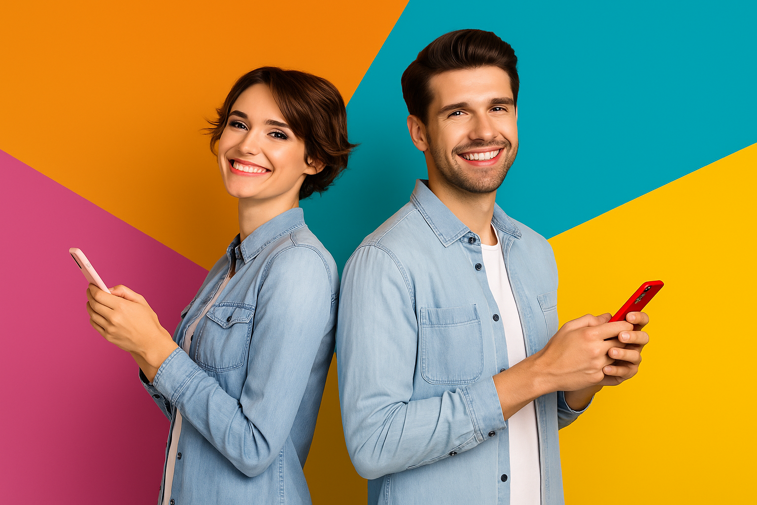 Two people holding smartphones against a colorful geometric background
