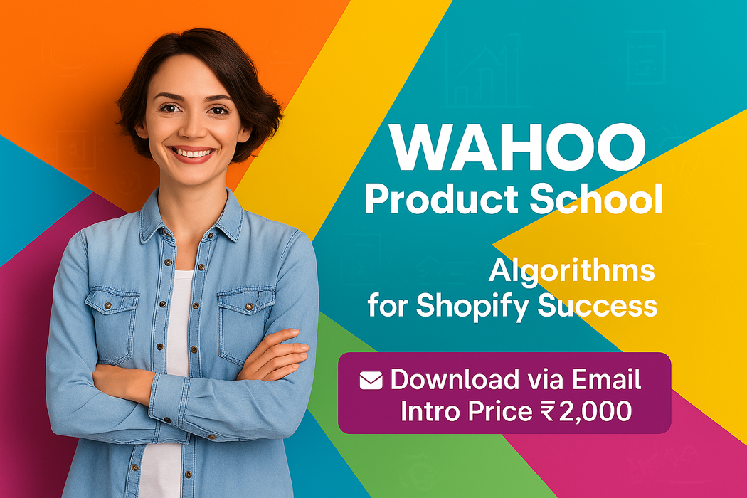 Woman in a denim jacket standing against a colorful background with 'WAHOO Product School' text.