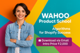 Woman in a denim jacket standing against a colorful background with 'WAHOO Product School' text.