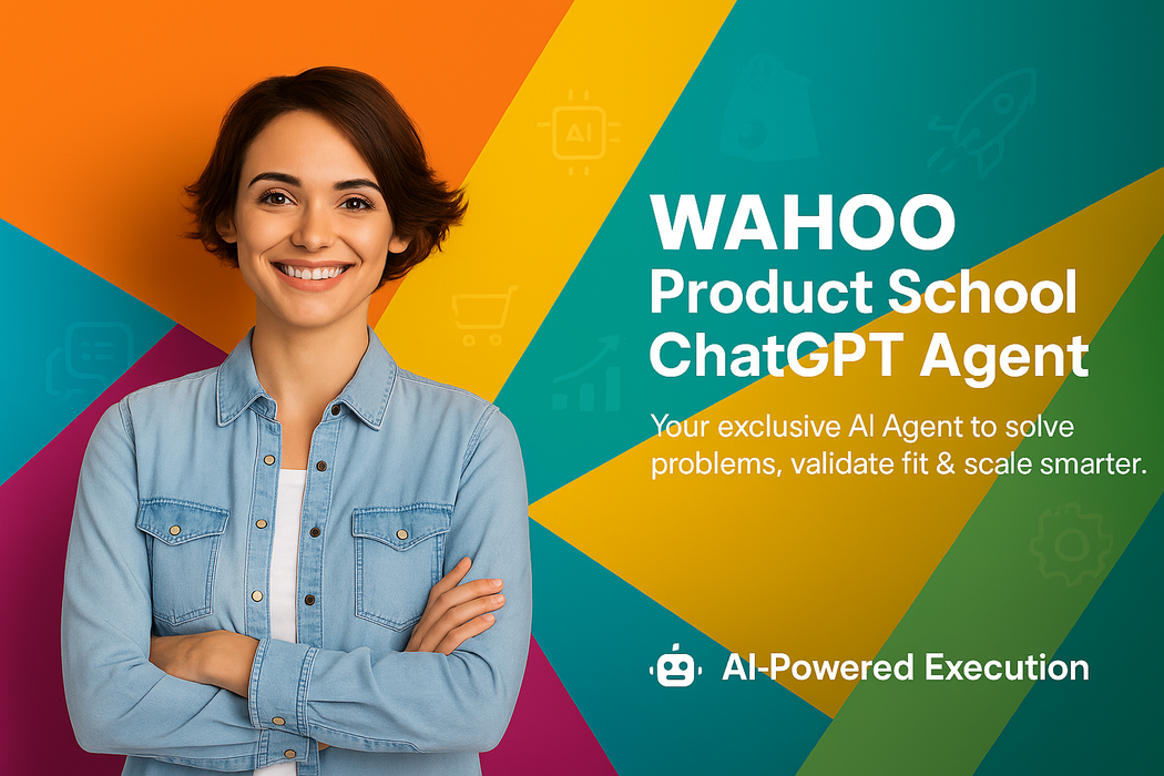 Woman in denim jacket with colorful background and text about WAHOO Product School ChatGPT Agent