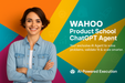 Woman in denim jacket with colorful background and text about WAHOO Product School ChatGPT Agent