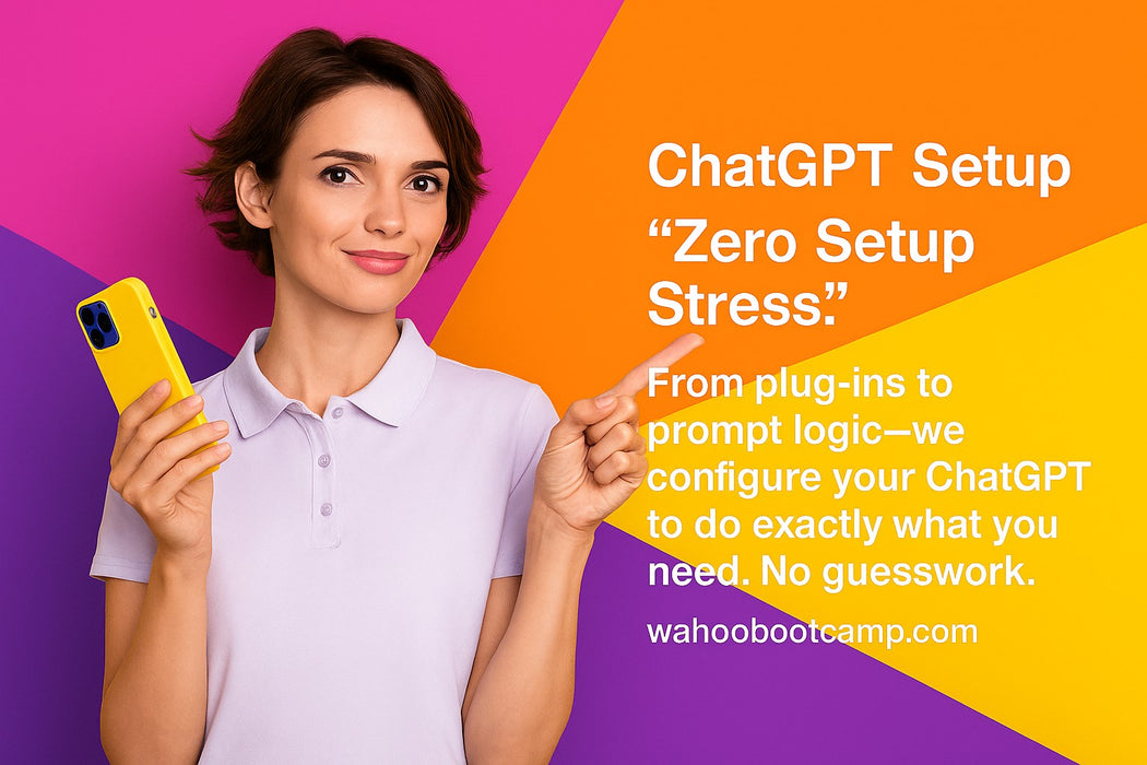 ChatGPT Setup
“Professional woman demonstrating ChatGPT setup services with WAHOO Support for automated plug-in and prompt configuration.”