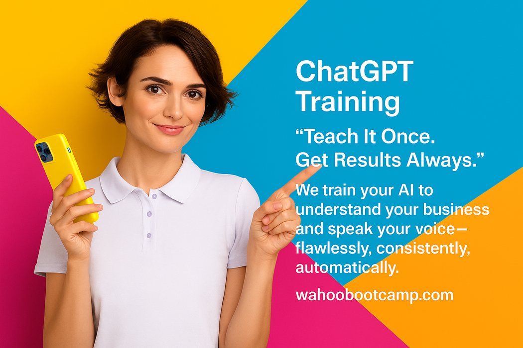 ChatGPT Training
“Smiling woman holding phone, highlighting ChatGPT training by WAHOO Support to personalize AI responses for businesses.”