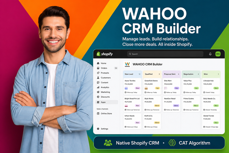 Man standing next to a screen displaying Wahoo CRM Builder with a colorful background