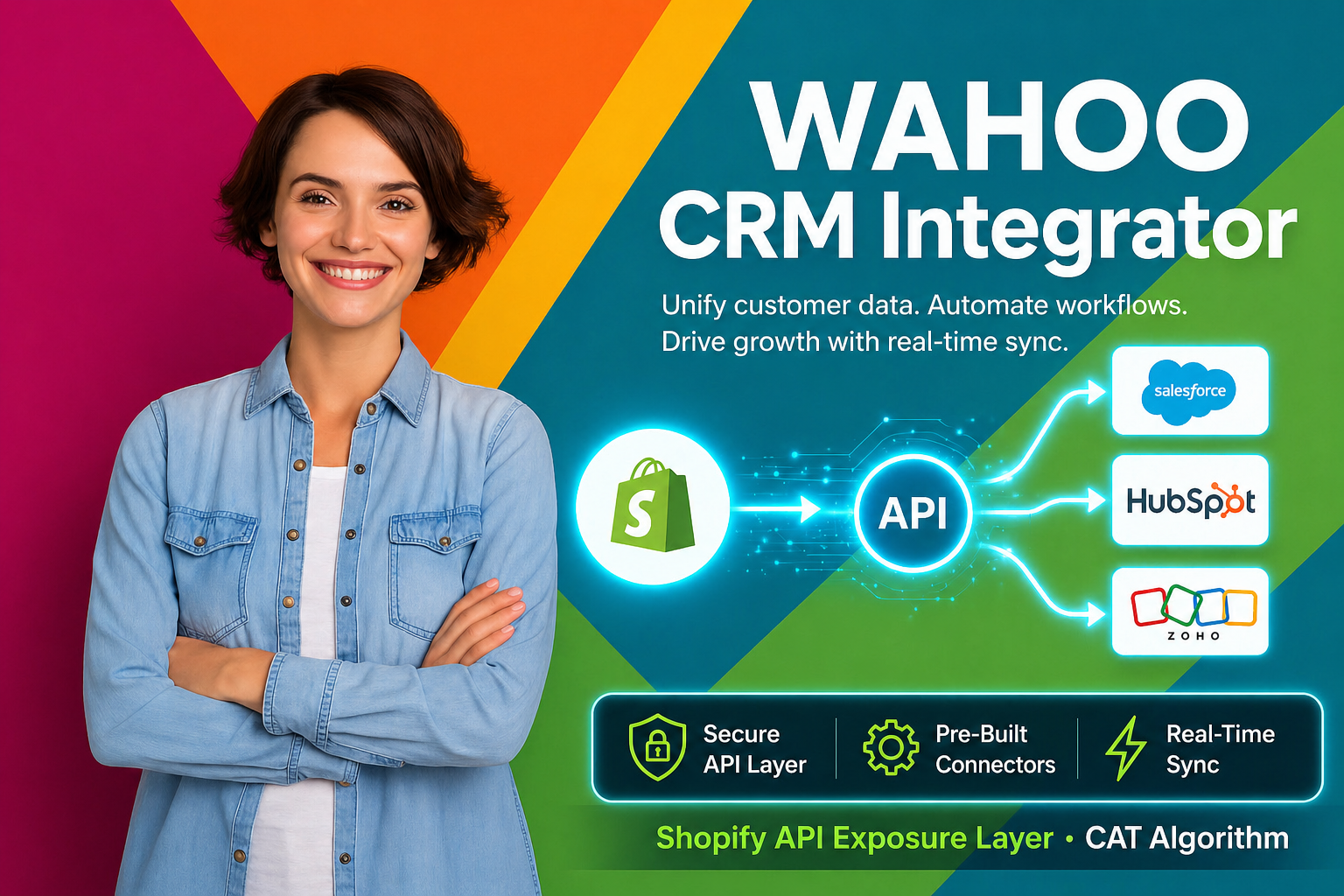Woman standing in front of a colorful background with 'WAHOO CRM Integrator' branding and features listed.