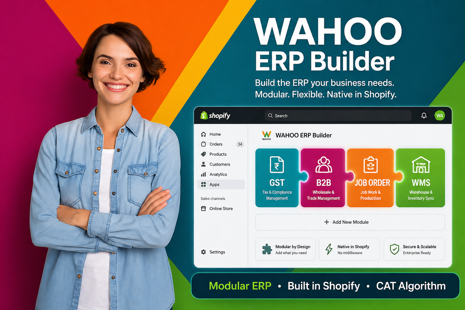 Woman standing in front of a colorful background with Wahoo ERP Builder branding and interface.