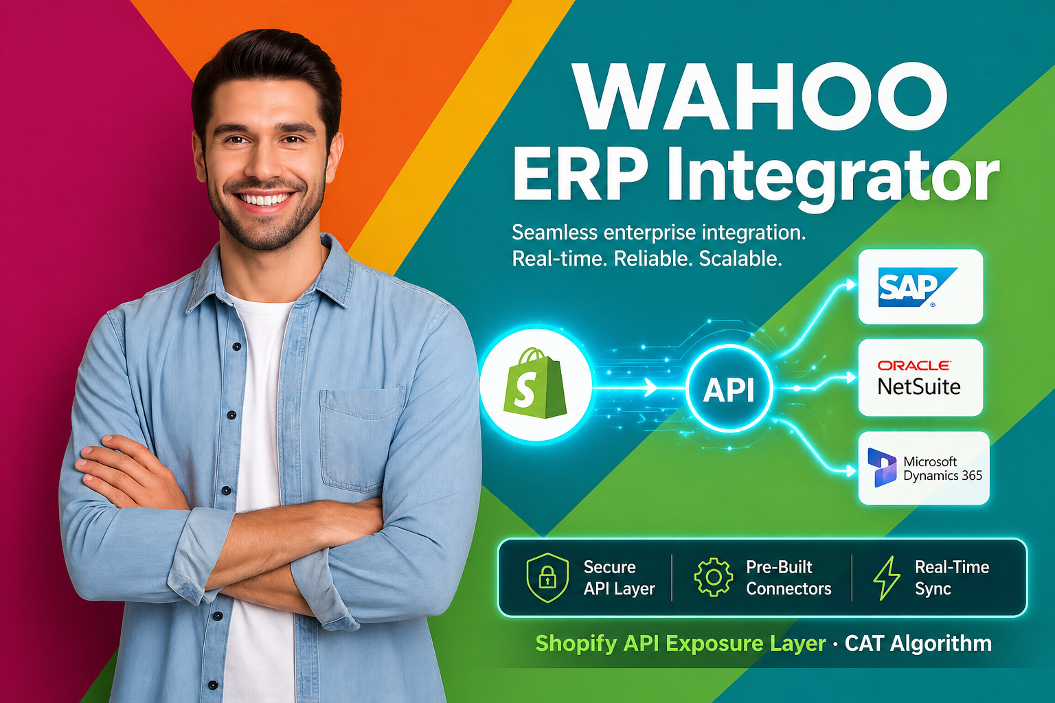 Man standing in front of a colorful background with 'WAHOO ERP Integrator' branding and technology logos.