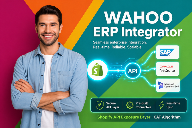 Man standing in front of a colorful background with 'WAHOO ERP Integrator' branding and technology logos.