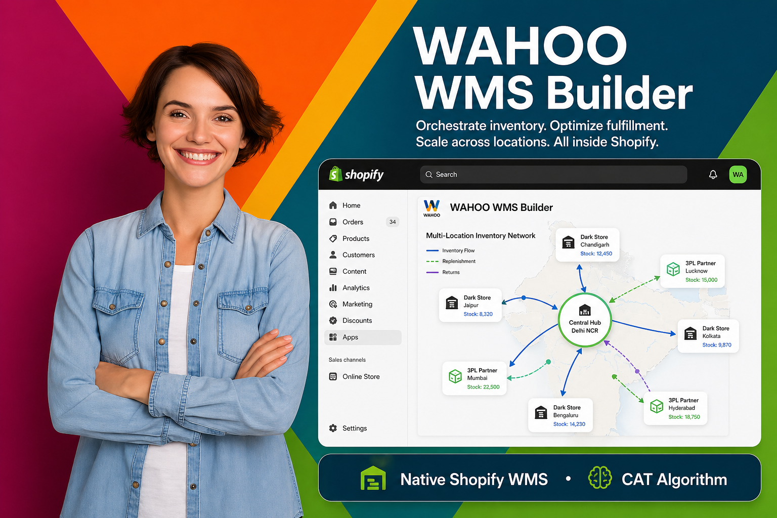 Woman standing next to a screen displaying Wahoo WMS Builder with colorful background