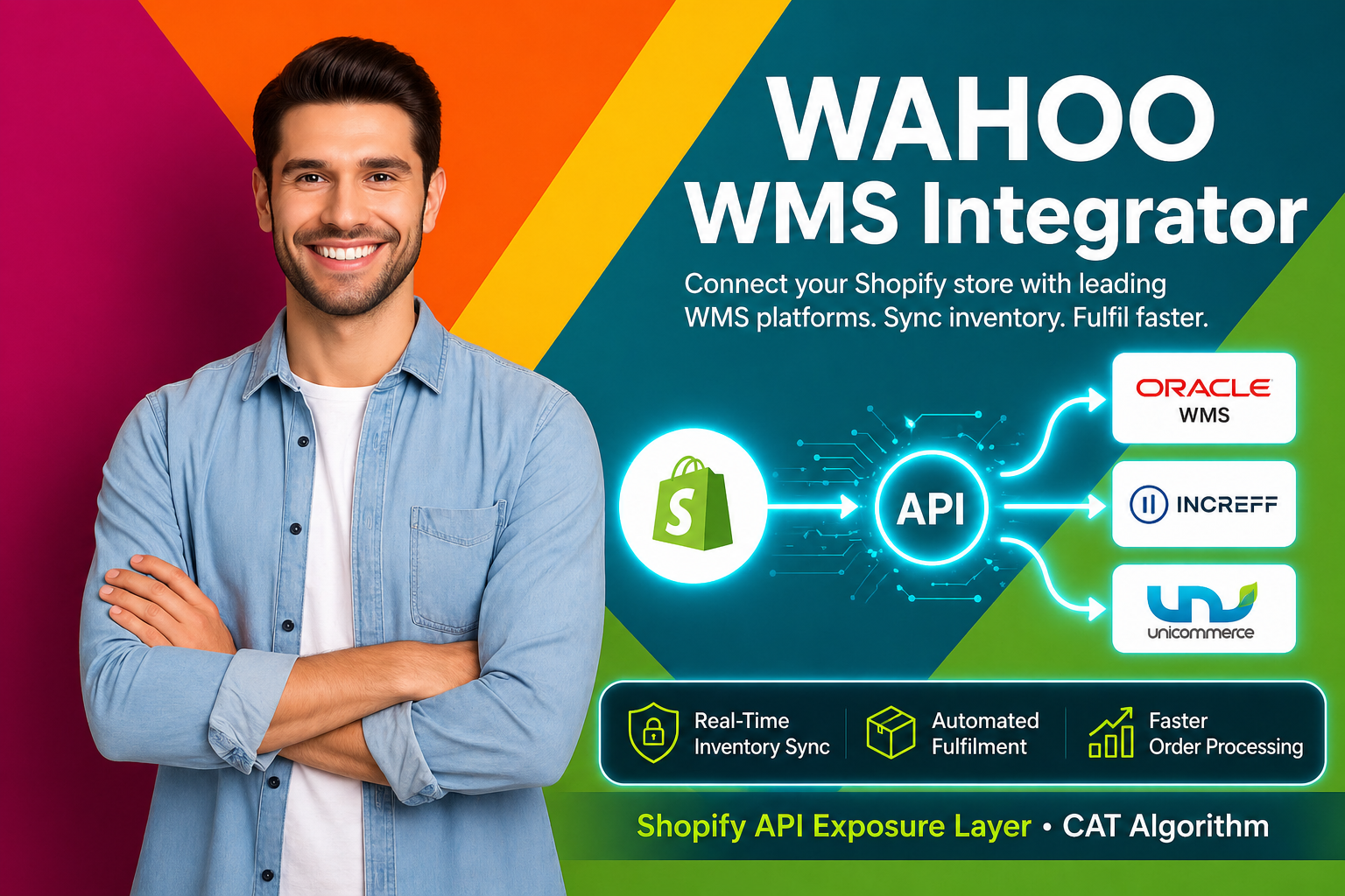 Promotional graphic for WAHOO WMS Integrator with a man standing against a colorful background.